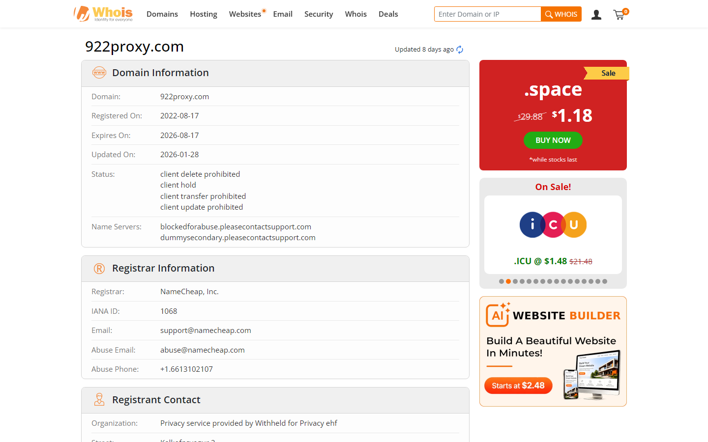 WHOIS-запись 922proxy.com со статусом clientHold и служебными nameserver